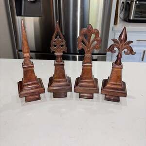 Set of 4 Cast Iron Architectural Finial Tabletop Statues in Burl Wood Finish